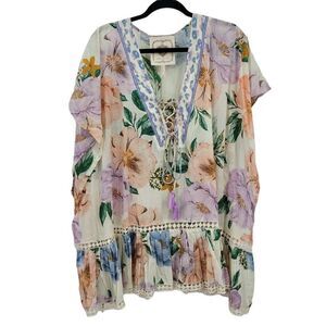 Womens Coverup Oversized Sheer Tiered Ruffle Corset Lace Floral Tunic‎ Cape Sz S
